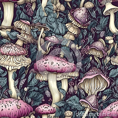 Intricate seamles pattern with fairytale mushrooms. Whimsical background with purple toadstool mushrooms, texture design Stock Photo