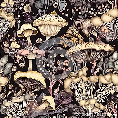 Intricate seamles pattern with toadstool mushrooms. Whimsical background with amanita mushrooms, texture design for gift wrap. Stock Photo