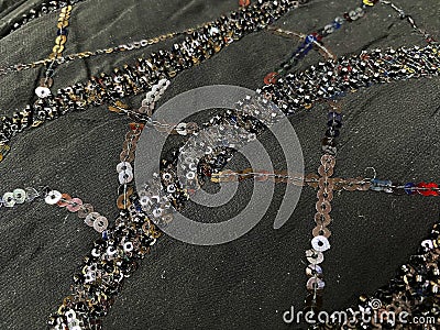 Black sequence and beadwork on black georgette fabric Stock Photo