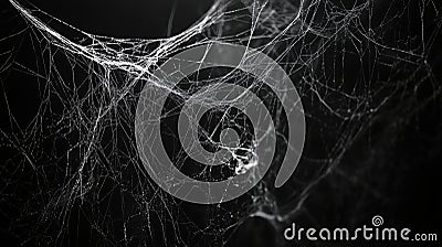Intricate spider web patterns, delicate threads against dark background Stock Photo