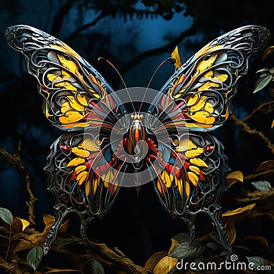 Intricate Steampunk Glass Butterfly: Surrealistic Futuristic Art Stock Photo