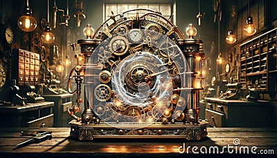 Intricate Steampunk Time Machine with Victorian Dials and Gears Stock Photo