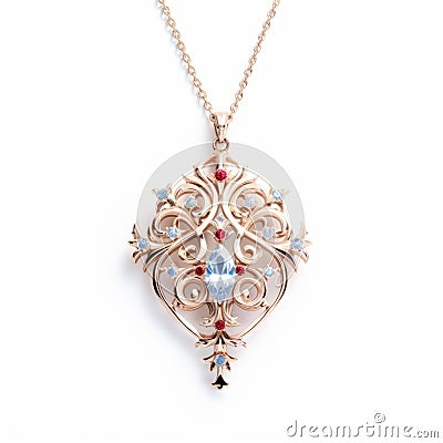 Intricate Storytelling: Rose Gold Necklace With Aquamarine Blue Topaz Pendant Stock Photo