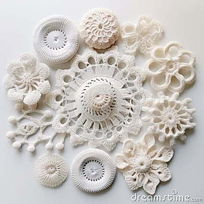 Intricate Underwater Worlds: White Crocheted Flower And Button Pieces Stock Photo