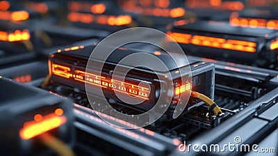 An intricate view of an automated inventory system showcasing RFID sensors embedded in racks with animated pulses of 5G Stock Photo