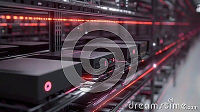 An intricate view of an automated inventory system showcasing RFID sensors embedded in racks with animated pulses of 5G Stock Photo