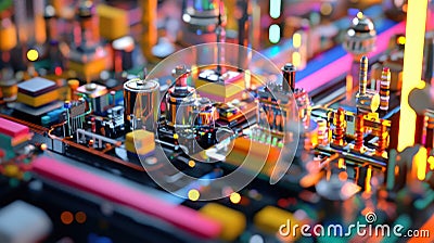 An intricate view of a compact conveyor belt system showcasing various interchangeable modules for different Stock Photo