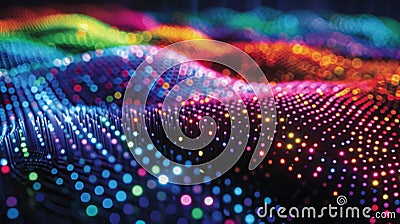An intricate view of a quantum dot display revealing multiple layers of tiny precisely arranged dots. Each layer emits a Stock Photo