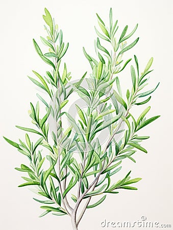 Intricate Watercolor Rosemary Sprig Leaves on Bold Stem AI Generated Cartoon Illustration