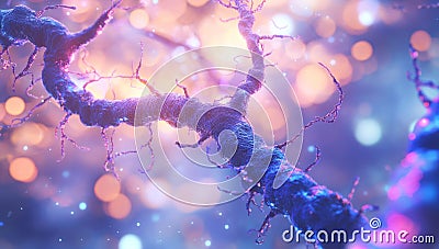 An intricate web of glowing neurons exists in the complex neural connections of the brain Stock Photo