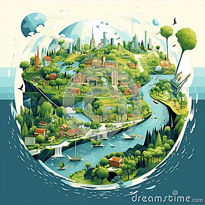 Intricate World Map with a Twist of Sustainability Cartoon Illustration