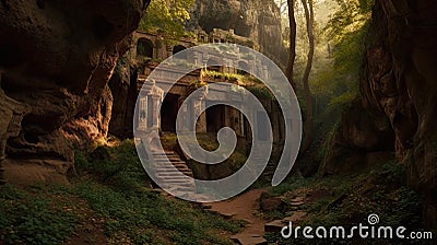 Intricately Carved Ancient Caves Amidst Lush Vegetation and Colorful Lighting. Perfect for Adventure Tourism. Stock Photo