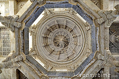 Intricately carved ceiling in marble of Adinatha Jain Temple in Ranakpur Editorial Stock Photo