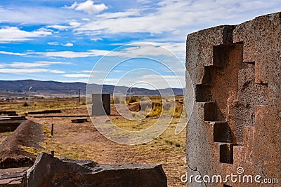 Intricately carved stone depicting the Chaskana, or Andean Cross, at the Tiwanaku archaeological site, near La Paz, Bolivia Editorial Stock Photo
