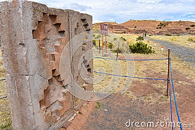 Intricately carved stone depicting the Chaskana, or Andean Cross, at the Tiwanaku archaeological site, near La Paz, Bolivia Editorial Stock Photo