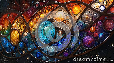 Intricately crafted, this mosaic artwork offers abstract depictions of celestial bodies and cosmic events. Stock Photo