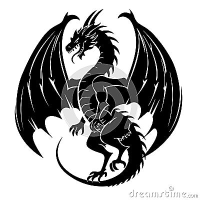 Intricate Black and White Dragon Silhouette for Mythical and Fantasy Design Elements Stock Photo