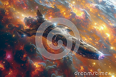 Intricately Detailed Spaceship Flying to Endless Brilliant Stars extreme closeup. Generative AI Stock Photo