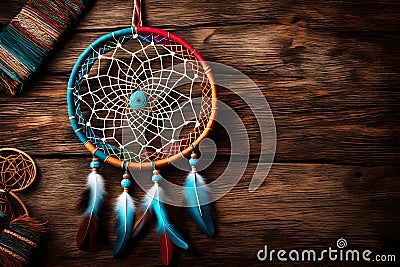 An intricately woven dream catcher displayed against a rustic wooden background, with vibrant colors and delicate patterns Stock Photo