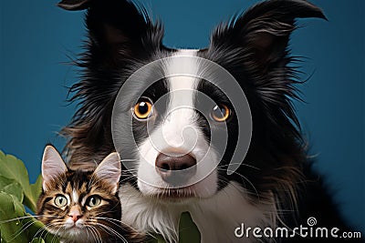 Intriguing dog portrait reveals a stealthy cats secret presence Stock Photo