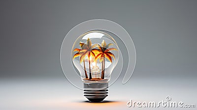 An intriguing image of a glass electric light bulb featuring miniature tropical palm trees inside Stock Photo