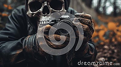 Ai Generative Skull photographer holding a camera in his hands. Halloween concept Stock Photo