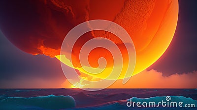 An Intriguing Image Of A Sunset Over The Ocean With A Large Orange Sun AI Generative Stock Photo