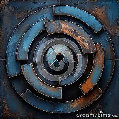 Rusted Metal Wall With Blue Dipped Labyrinth: Futuristic Art Stock Photo