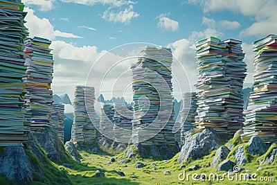 An intriguing photo capturing the juxtaposition of organized stacks of paper against the backdrop of a vibrant green field, A Stock Photo