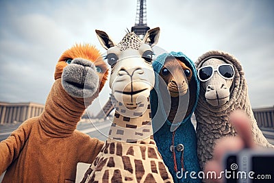 Vintage toned picture of group of giraffes in Paris, France Stock Photo