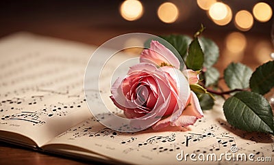 Introduced rose on sheet music. Stock Photo