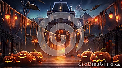 Halloween decoration print - a halloween scene with pumpkins and bats Stock Photo