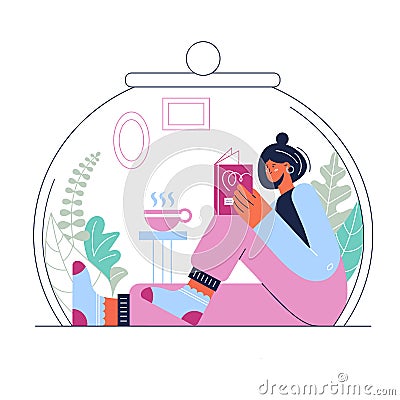 Introvert character woman concept stay home quarantine Vector Illustration