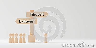 Introvert and Extrovert concept design of wooden people and signpost on white background 3D render Stock Photo