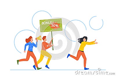 Intrusive Sellers Characters with Announcement Promotional Banners Chase Buyer. Promoters Share Social Spam Vector Illustration