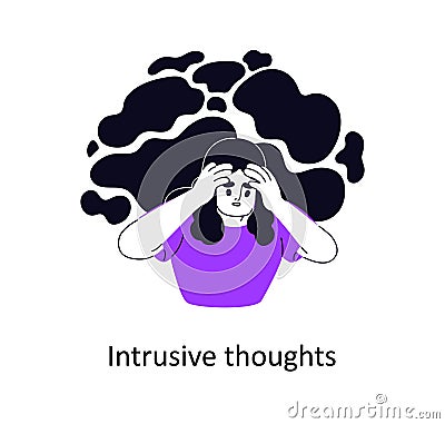 Intrusive thoughts, unwanted unpleasant ideas in mind. Psychology concept. Anxious person suffering from obsession Vector Illustration