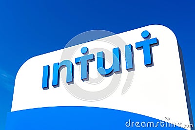 Intuit sign is displayed near business and financial software company headquarters in Silicon Valley Editorial Stock Photo