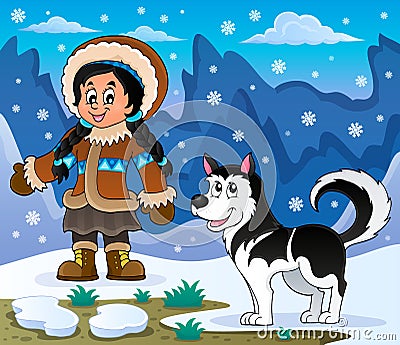 Inuit girl with Husky dog Vector Illustration