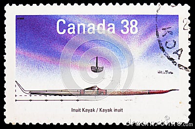 Inuit Kayak, Small Craft of Canada 1st series, Native Canoes serie, circa 1989 Editorial Stock Photo