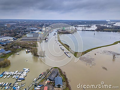 Inundated floodplains near harbor of Wageningen city Stock Photo
