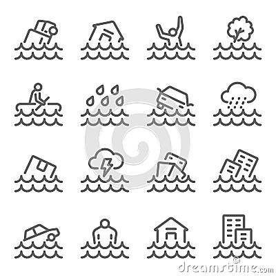 Inundation icon illustration vector set. Contains such icon as Rain, Car Drowning, Raining, Building drowned, Sink, Flooding, Sunk Vector Illustration