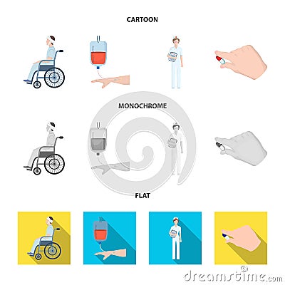 Invalid with trauma, blood transfusion, doctor, medication in the hands of a doctor. Medicineset collection icons in Vector Illustration