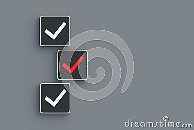 Invalid vote. Red check mark on button. Incorrect choice concept. Wrong decision. Negative action. Falsification of results Stock Photo