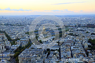 Invalides and french roofs from above at sunrise, Paris, France Stock Photo