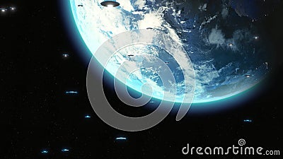 Invasion cinématographique étrangère d'UFO au-dessus de la terre, centaines de vaisseaux spatiaux métalliques de soucoupes en vol illustration stock Invasion cinématographique étrangère d'UFO au-dessus de la terre, centaines de vaisseaux spatiaux métalliques de soucoupes en vol illustration stock