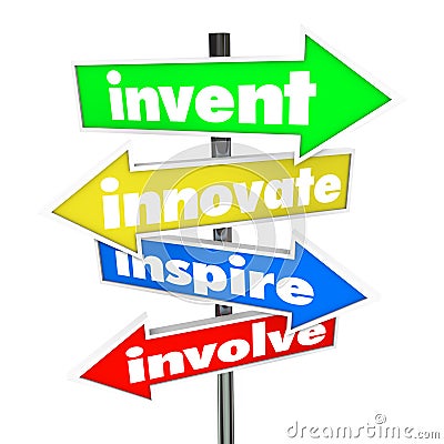 Invent Innovate Inspire Involve Road Arrow Signs Stock Photo