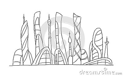 Invented city fantastic incredible and utopian skyscraper sketch high-rise buildings. Hand drawn vector stock Vector Illustration