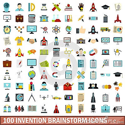 100 invention brainstorm icons set, flat style Vector Illustration