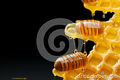 Inventive fusion honey themed text orbits dippers, honeycomb, and drops against luminous backdrop Stock Photo