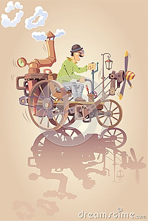 Inventor and his steam car Vector Illustration